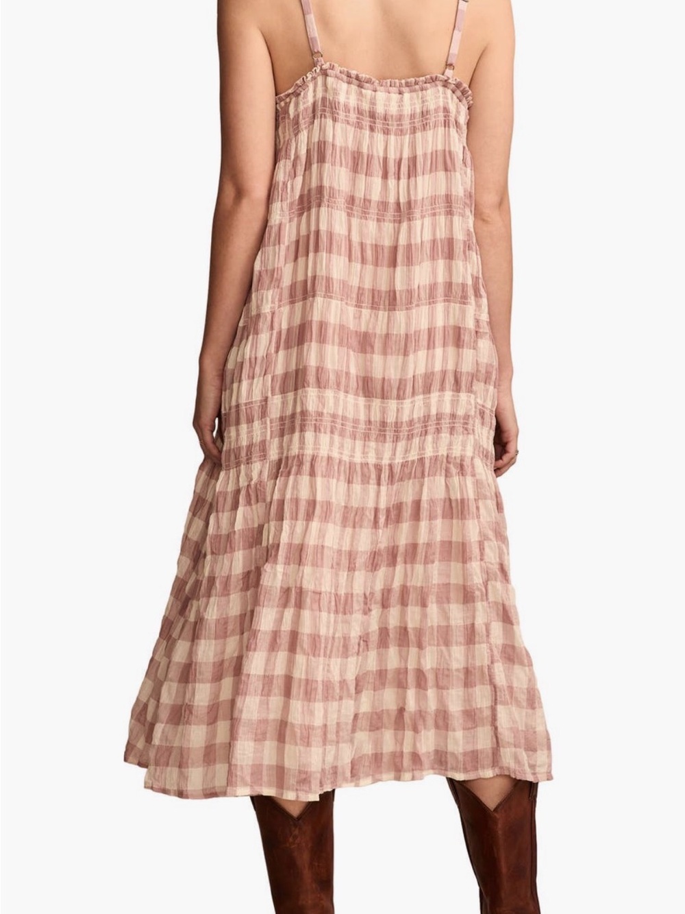 New! Anthropologie Coastal Cowgirl Gingham Prairie Dress in Blush & Cream - Picture 2 of 5